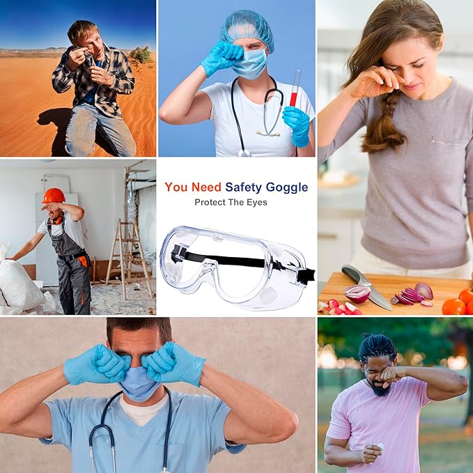 10 Pack Safety Goggles Anti-Fog Protective Adjustable Goggles Over Glasses Splash Eye Protection Adjustable For Lab Construction Worker Onion Cutting Clear Lens Eyewear Black