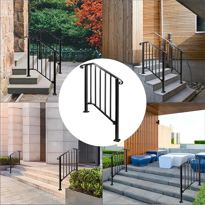 Adjustable Handrails for Outdoor Steps, Handrail Picket #2 Fits 2 or 3 Steps, Mattle Wrought Iron Handrail, Stair Rail with Installation Kit for Outdoor Steps