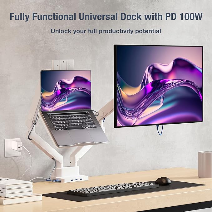 AVLT Dual 17”-38" Monitor Arm Desk Mount with 17" Laptop Tray and USB-C Docking Station, HDMI 4K60Hz, USB-A 5Gbps, Ethernet, 100W PD, Fits Two Flat/Curved Monitor - White