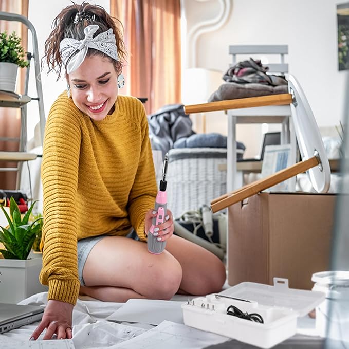 WORKPRO Electric Cordless Screwdriver Set - 4V USB Rechargeable Lithium-ion Battery Screwdriver Kit with LED Light - Small Screwdriver with 7pcs Bits for Home, Office, Apartment - Pink Ribbon