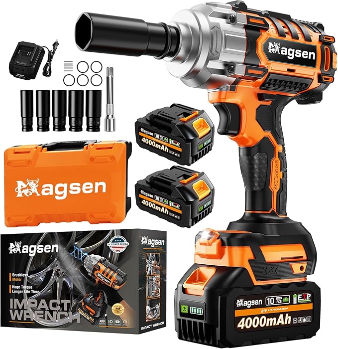1/2 inch Cordless Impact Wrench, 900Ft-lbs (1200N.m) High Torque Brushless Impact Gun,3800RPM,2x4000mAh Battery, 6 Sockets,LED Light,Electric Impact Motor Variable Speeds for Car/Mower/Pickup