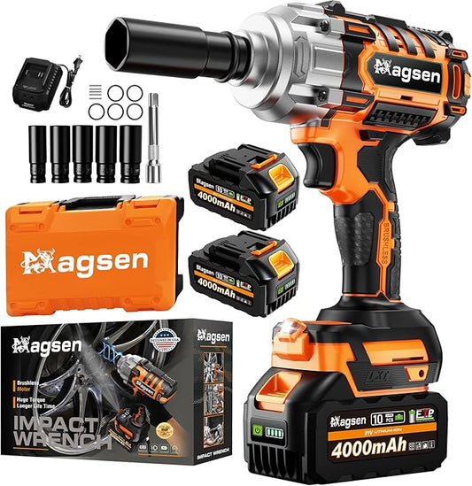 1/2 inch Cordless Impact Wrench, 900Ft-lbs (1200N.m) High Torque Brushless Impact Gun,3800RPM,2x4000mAh Battery, 6 Sockets,LED Light,Electric Impact Motor Variable Speeds for Car/Mower/Pickup