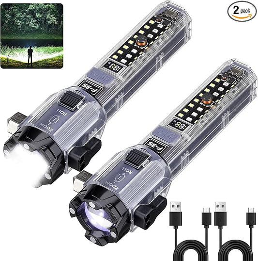 Car Emergency Flashlights Rechargeable 2Packs, 990,000L High Lumens Car Flashlight Emergency Kit, 7 Modes Tactical LED Flash Light with Window Breaker, Belt Cutter, Alarm Buzzer, Magnet, USB C for Car