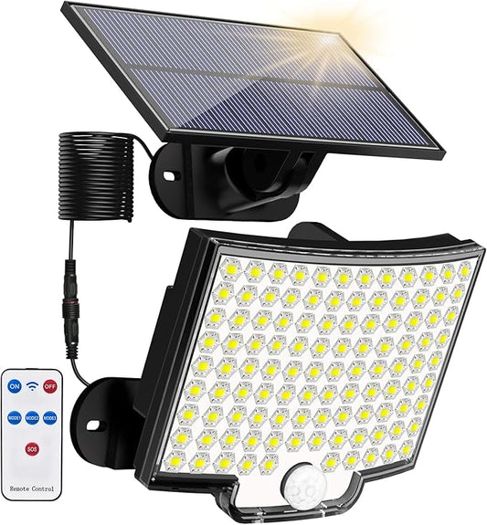 Solar Lights Outdoor, 106 LED 3000LM Solar Powered Motion Sensor Flood Lights with Remote, Dusk to Dawn Led Solar Security Wall Lights with 16.5Ft Cable IP65 Waterproof for Outside, Garage, 1 Pack