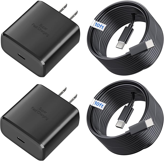 Galaxy S25 S24 Android Charger 45W, for Samsung Charger, Super Fast Charging USB C Block, Type C Charge Cable Extra Long 10ft for Galaxy S25, S24, S23, Z Fold 3/4/5/iPhone 17/17 Air/Tablet