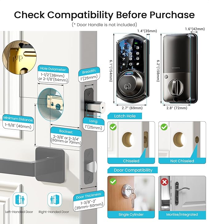 Veise VE07 Fingerprint Smart Door Lock, 7-in-1 Keyless Entry Deadbolt with App Control, Electronic Digital Touchscreen Keypad, Biometric Smart Locks for Front Door, Auto Lock, Matte Black