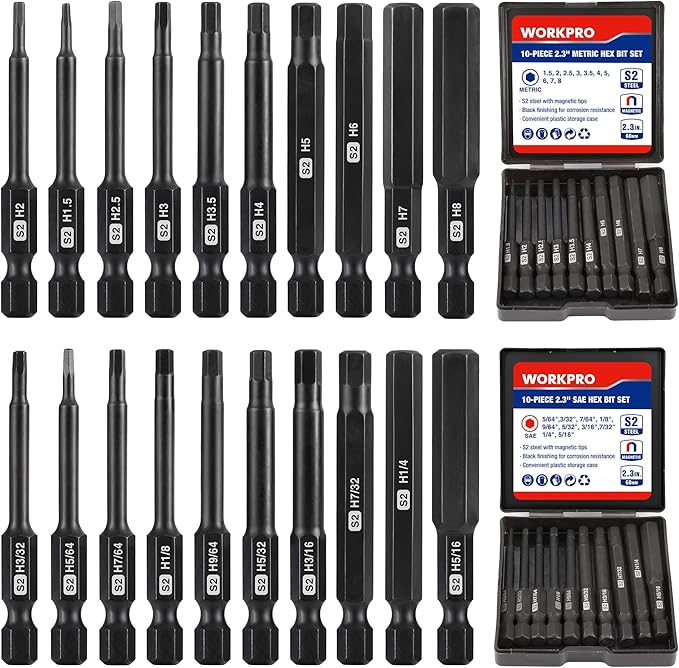 WORKPRO 20pcs Hex Head Allen Wrench Drill Bit Set, CNC Machined S2 Steel Magnetic Metric and SAE Hex Bits, 1/4 Inch Square Shank Driver Bits, 2.3" Long Screwdriver Bits Set With Storage Box
