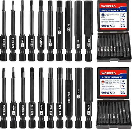 WORKPRO 20pcs Hex Head Allen Wrench Drill Bit Set, CNC Machined S2 Steel Magnetic Metric and SAE Hex Bits, 1/4 Inch Square Shank Driver Bits, 2.3" Long Screwdriver Bits Set With Storage Box