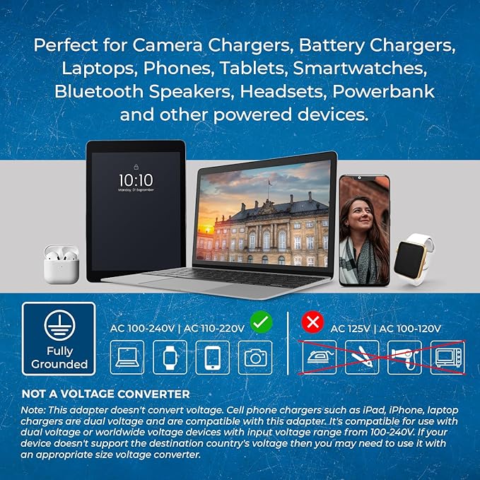 OREI Denmark Power Plug Adapter with 2 USA Inputs - Travel 3 Pack - 1 Type K & 2 Type E/F Safe Grounded Use with Cell Phones, Laptop, Camera Chargers, CPAP, and More