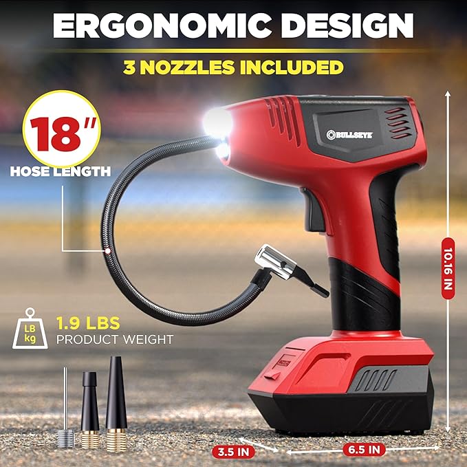 BULLSEYE PRO Tire Inflator with Pressure Gauge, Compact and Portable, Automatic Shut Off, 150 PSI Max, USB Home Rechargeable and Cord for Vehicular Use As Seen On TV (9475)