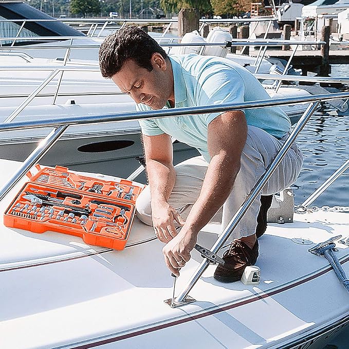 GreatNeck MS125 125 Piece Marine Tool Set, Complete With High Visibility, Water-Resistant Boat Tool Box Case, Anti-Rust Chrome-Plated Boat Supplies And Accessories, Orange