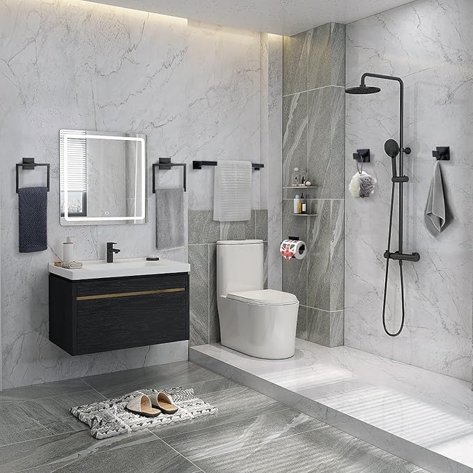 TQKAG 6-Piece Bathroom Towel Bar Sets Matte Black 23.6 inch Towel Bar Stainless Steel Towel Ring Coat Hook and Toilet Paper Holder Bathroom Hardware Set Wall Mounted Bathroom Accessories Kit