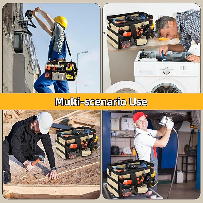 15 Inch Heavy Duty Tool Tote Bag with 24 Pockets, Wide Open Mouth Tool Box Organizer Case with Shoulder Strap, Portable Electrician Tool Kit Storage Carrying Pouch with Lockable Zipper (Khaki)