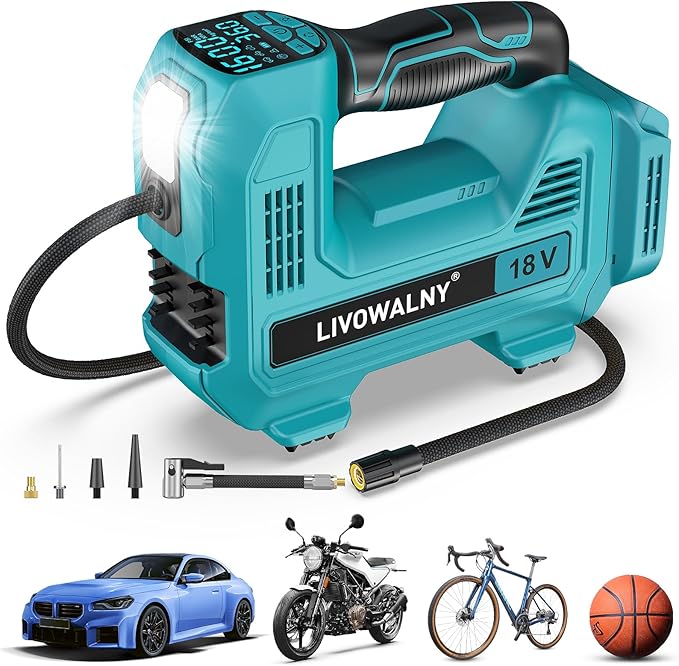 Cordless Tire Inflator Portable Air Compressor Tire Air Pump Compatible With Makita 18V Battery - LIVOWALNY 160PSI Auto Pump with Digital Pressure Gauge for Car Tires, Bicycle, Balloons (No Battery)