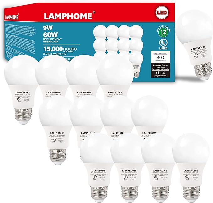 12-Pack Cool White LED Bulbs - Energize Bedroom & Living Room Spaces, 60W Equivalent, 6500K, 9W, 15000-Hour Life, E26 Base