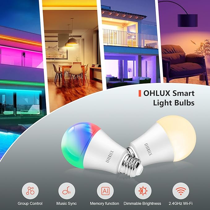OHLUX Smart Light Bulbs 8Pack, WiFi & Bluetooth, RGB Color Changing, 100W Equivalent, Dimmable, A19 E26 110V, Compatible with Alexa, Google Assistant, Music Synic