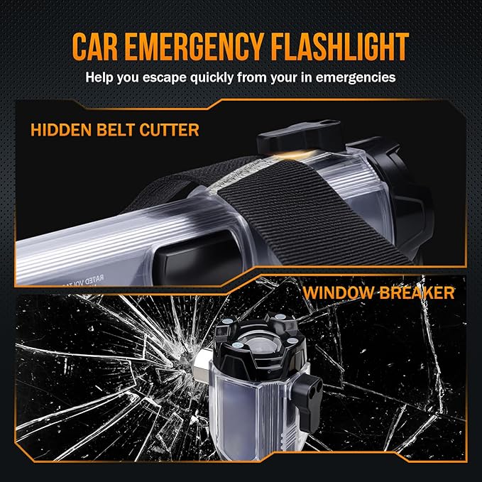 Car Emergency Flashlights Rechargeable 2Packs, 990,000L High Lumens Car Flashlight Emergency Kit, 7 Modes Tactical LED Flash Light with Window Breaker, Belt Cutter, Alarm Buzzer, Magnet, USB C for Car