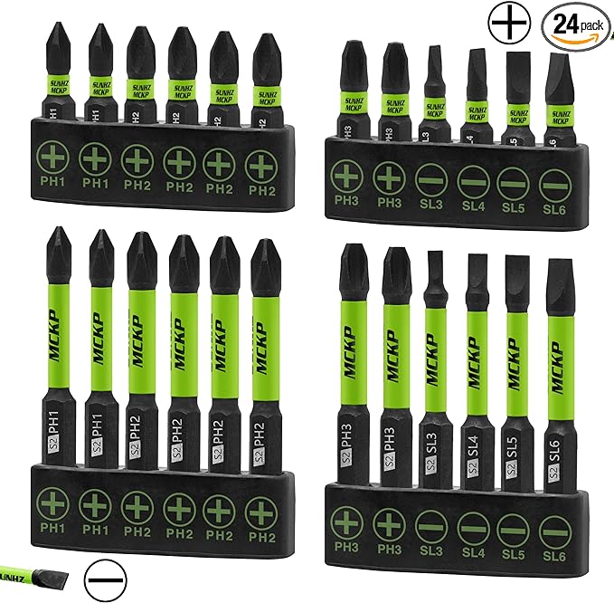 SUNHZMCKP 24-Piece Screwdriver Bit Set, Magnetic Slotted Phillips Driver Bit Set, S2 Steel, Long 1" and 2.3" Impact Screwdriving Drill Bits Set, 1/4 Inch Hex Shank Driver Bit