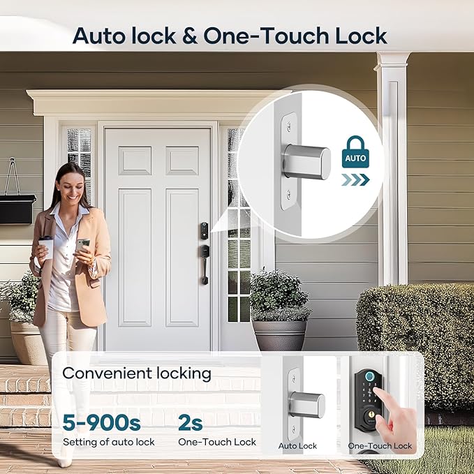 Smart Lock Front Door, SMONET Keyless Entry Door Lock with Handle, Smart Front Door Lock Set Fingerprint Smart Deadbolt Bluetooth Electronic Digital Keypad Lock, Auto Lock Work with Alexa, Black