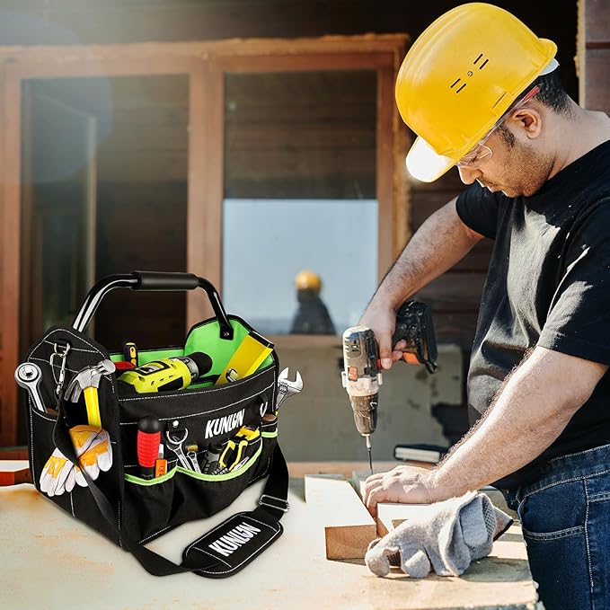 17-Inch Open Top Tool Bag, Electrician Tool Bag, Tool Tote Bag Organizer for Easy Tool Access, 33 Pockets Foldable Tool Carrier with Rotating Steel Handle and Removable Shoulder Strap (Black+Green)