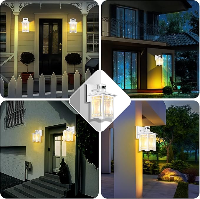 2 Pack White Outdoor Wall Lights with Motion Sensor - Dusk to Dawn Lighting, Modern LED Exterior Light Fixture - Porch Lantern for House Garage - Anti-Rust Outdoor Wall Sconce