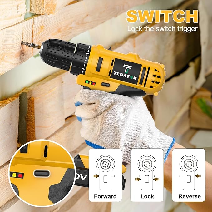 Cordless Drill Set, 3/8 Drill Handheld Screwdriver Kit with 18+1 Torque Setting, 20V Electric Drills Tools Bit, LED Electric Power Drills with Battery and Charger, Yellow