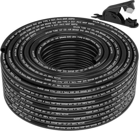 100FT 1/2 DOT Air Line SAE J844 PA12 Nylon Air Hose with Cutter 1/2” OD Pneumatic Tubing DOT Approved 1/2 Air Brake Hose for Air Suspension Kit Truck Trailer Brake System & Fluid Transfer 30.5m