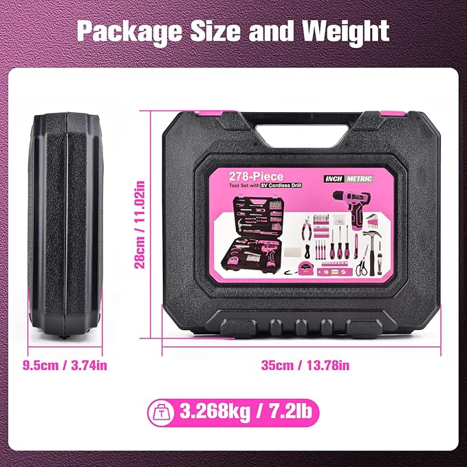 VIGRUE Tool Set with 8V Cordless Drill, Tool Kit with Drill, ToolBox for Men & Women, Home Hand Drill Set for Handyman, DIY (pink) 278 PCS