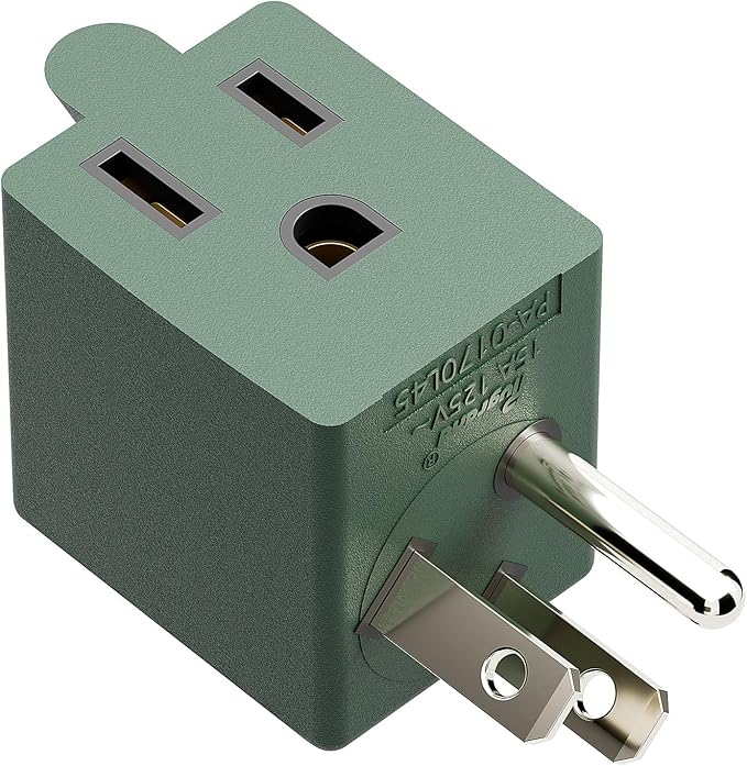 90 Degree Leftward Angled USA 3-Prong Male-Female Adapter, 5-15P to 5-15R Direction Changer, Green
