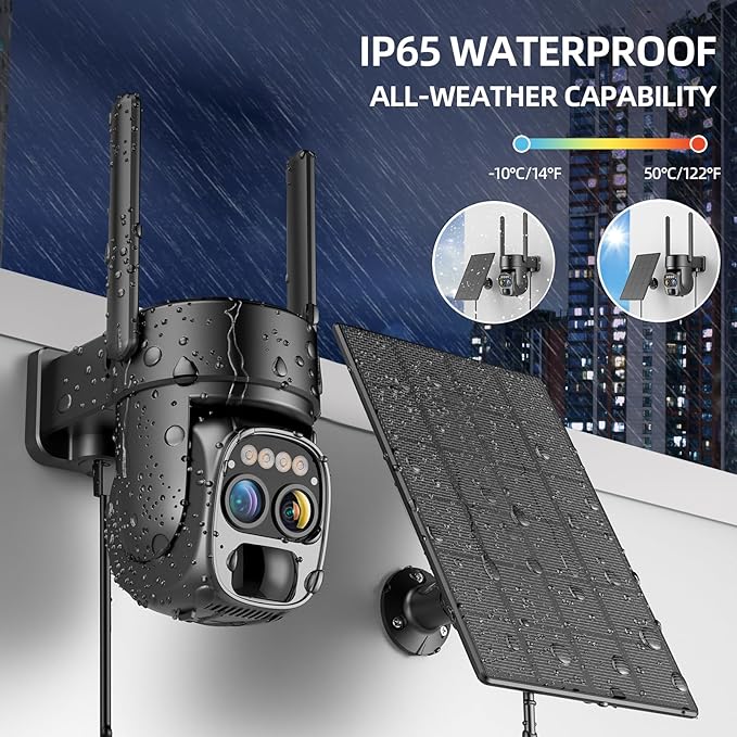 Hawkray Pannel Solar Wireless Outdoor Security Camera, Dual-Lens, 10xZoom, 2K Resolution 3MP 360°Pan/Tilt,2.4&5G WiFi Battery Powered Camera with Spotlight Alarm PIR Motion Detection