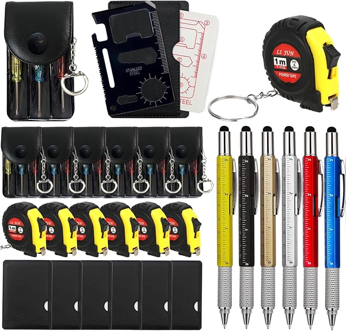 24 Pcs Mini Tape Measure Screwdriver Keychain Set – Multitool with Credit Card Tool and Pen, Bulk Gifts for Adults, Christmas Party Favors, Men’s Survival and Tool Set – Ideal for Fathers