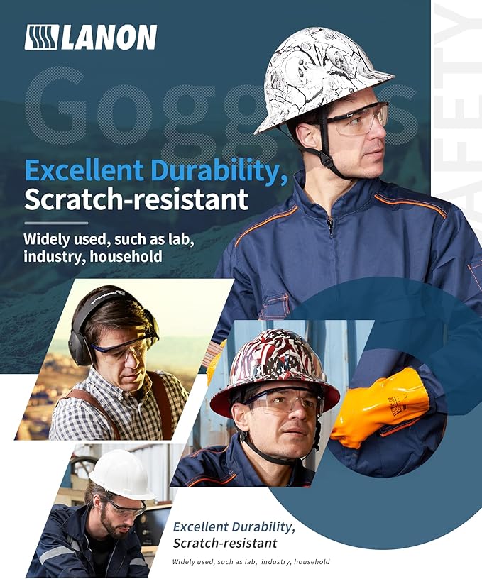 LANON Anti-Fog Safety Goggles with Ajustable Temples, 2.5 Times ANSI Z87.1 Double-sided Antifog, Side Protection, High Transmission, Lightweight & Comfortable Safety Glasses.