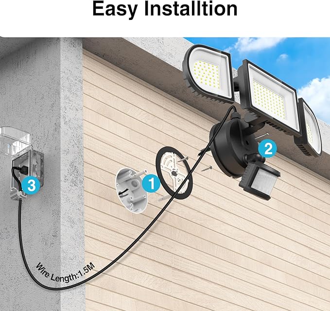 130W Motion Sensor Light Outdoor Plug in, 13000LM LED Security Lights with Remote Control, 3 Adjustable Heads, 3 Modes, Plug in Flood Lights Outodoor IP65 Waterproof for Garage Yard (Black)