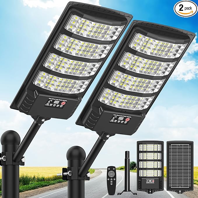 2-Pack Solar Lights Outdoor, Solar LED Security Lights, IP66 Waterproof Outdoor Flood Lights with Motion Sensor & Remote, 6500K Dusk to Dawn Solar Lights for Yard, Garage, Porch, Street