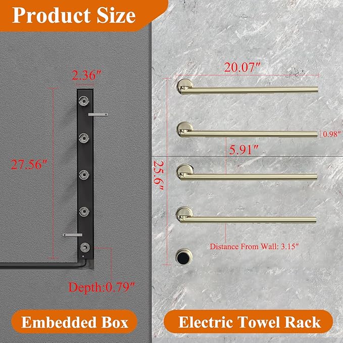 Electric Towel Warmer Concealed Smart, 75W Swivel Heated Towel Rack for Bathroom, Built-in Modular Electric Towel Rack with Timer, Thermostat, LED Display, APP, 4 Bar 180° Rotation, Hardwired, Gold