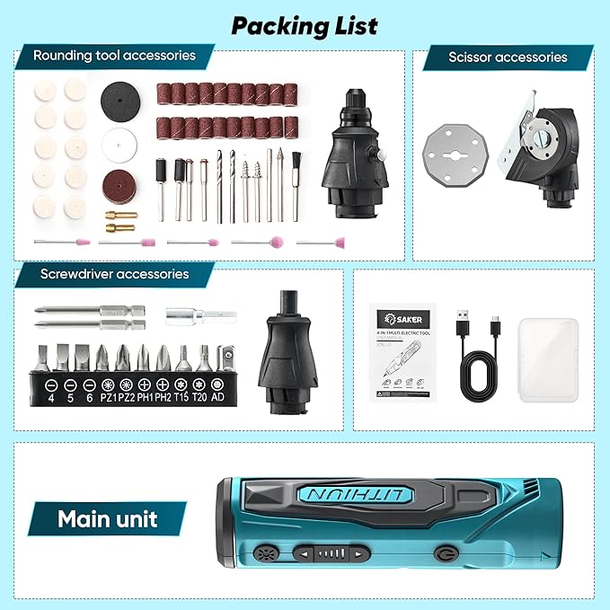 Saker 4-in-1 Electric Screwdriver Cordless, Detachable Tool Head for Box Cardboard Cutter & Rotary Tool, LED Flashlight, 2.5N.M, Home Tool Kits for House Repair, Handyman, DIY(65 Pieces)