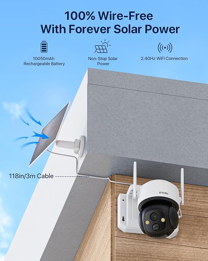 ZOSI C291 4MP Wireless Battery Security Outdoor Camera with Solar Panel, 2.5K 360 View Pan/Tilt Camera, Auto Track, PIR Human Detect, Color Night Vision, 2-Way Talk, Light Siren Alarm,32GB Memory Card