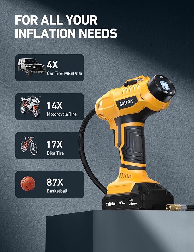AstroAI Cordless Tire Inflator Air Compressor 20V Rechargeable Battery Powered 160PSI Portable Air Pump with 12V Car Power Adapter Digital Pressure Gauge for Cars Motorcycles JY16P160-18(C2)Yellow