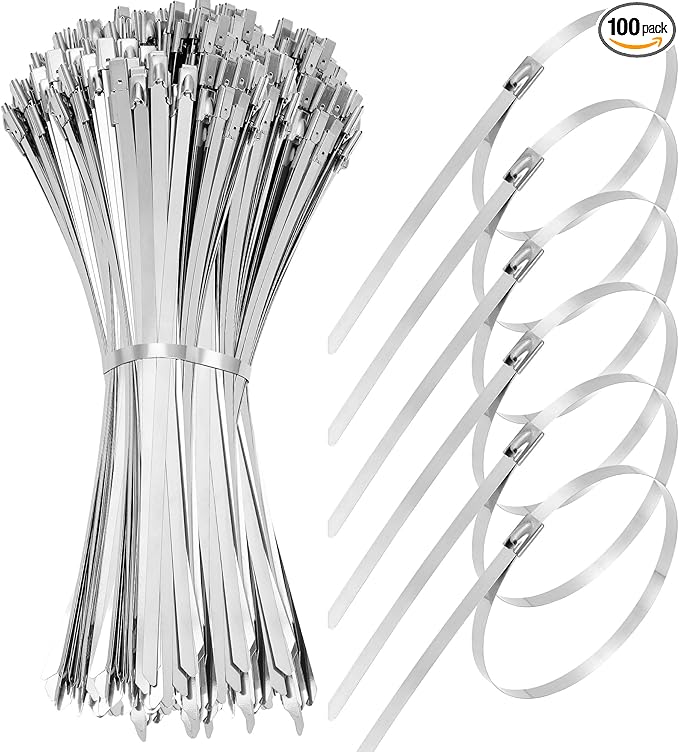 100 PCS 11.8 Inch Stainless Steel Metal Zip Ties – Heavy Duty Outdoor Cable Ties with Self-Locking Design for Machinery, Vehicles, Farms, Pipes, Roofs, Cables