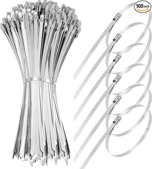 100 PCS 11.8 Inch Stainless Steel Metal Zip Ties – Heavy Duty Outdoor Cable Ties with Self-Locking Design for Machinery, Vehicles, Farms, Pipes, Roofs, Cables