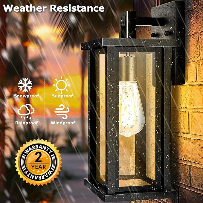 DBF Outdoor Wall Lanterns, Exterior Waterproof Wall Sconces Light Fixtures, Black Porch Lights Outside with Clear Glass, E26 Base Anti-Rust Heavy Duty Metal for House Garage Front Door, 2 Pack