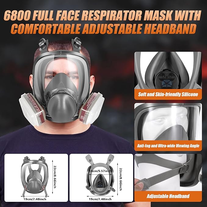 Full Face Respirator Mask, Anti-fog, 6800 Reusable Face Cover with 6001 & 2097 Filters for Woodworking Painting Chemicals Protection Organic Vapors Dust, Medium, Comfortable Fit