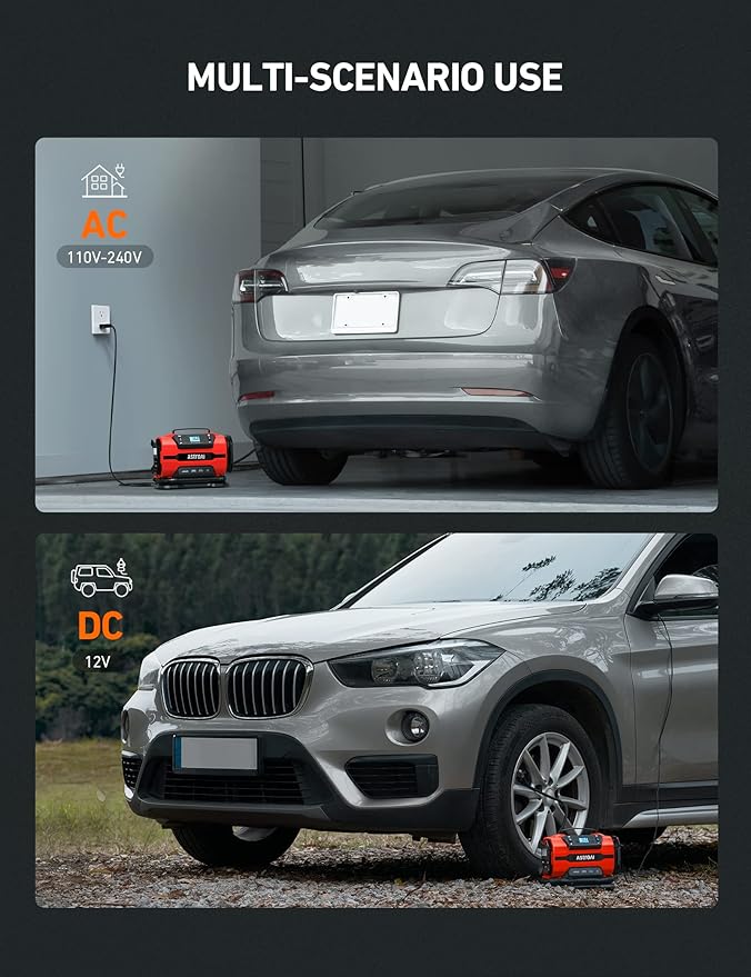 AstroAI Tire Inflator Portable Air Compressor Pump 150PSI 12V DC/110V AC with Dual Metal Motors &LED Light, Automotive Car Accessories&Two mode for car, bicycle tires and air mattresses, Red