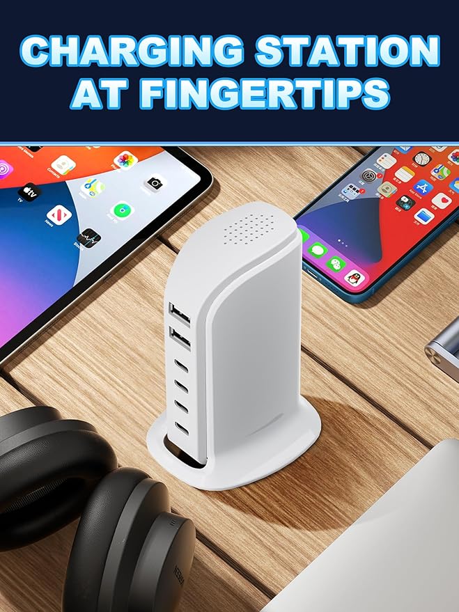 USB Charger, Charging Station for Multiple Devices 65W, Fast Charging Blocks with 4Type C Ports, Dual USB Charging Hub Organizer Multiport for iPhone, Ipad, Smartphones, Travel Accessories