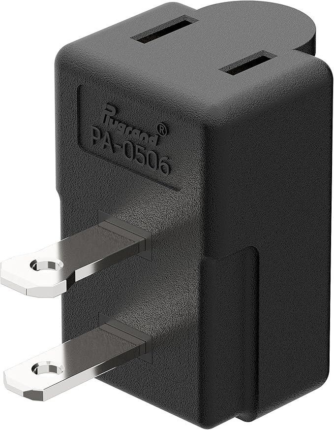Right Angle 2-Prong 90 Degree Leftward AC Adapter, Polarized L Type, Vertical Down Power Adapter, PA-0506B Black