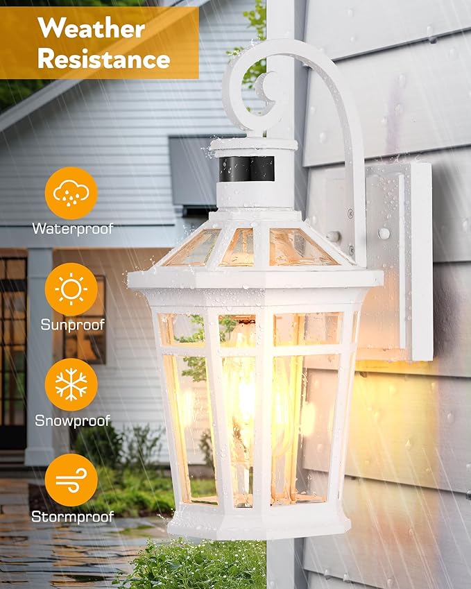 2 Pack Motion Sensor Outdoor Wall Lantern, White Outdoor Garage Lighting Fixtures Wall Mount, Waterproof Front Porch Lights with E26 Base, Exterior Sconce Light with Adjustable Sense Range