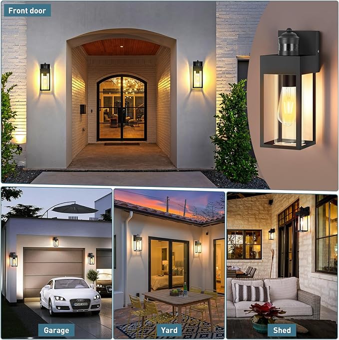 Motion Sensor Outdoor Wall Lanterns 2 Packs, Dusk to Dawn Exterior Light Fixture, 3 Lighting Modes, Waterproof Front Porch Lights for Garage Patio Garden House Entryway, Black.
