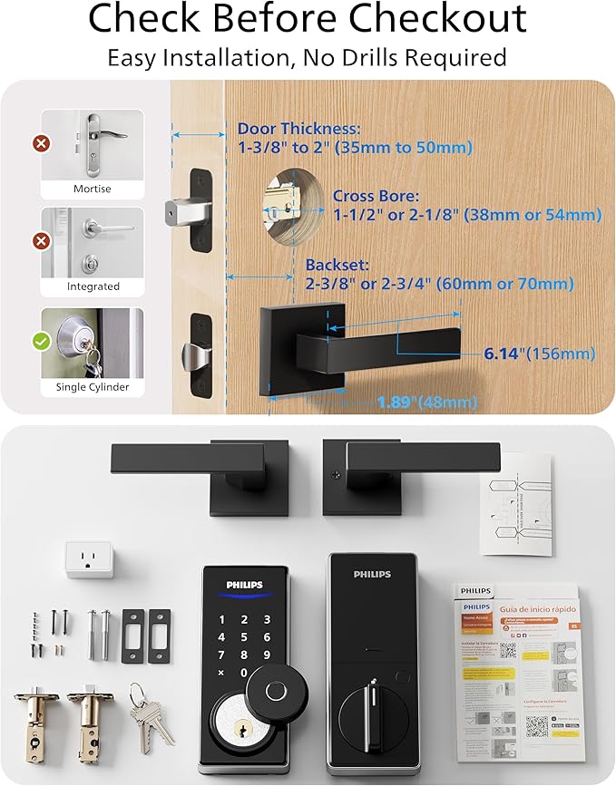 Philips WiFi Smart Lock with Handle, Fingerprint Keyless Entry Door Lock with WiFi Bridge, Smart Locks for Front Door with Handle Set, APP Remote Control, Work with Alexa&Google Assistant, Auto-Lock