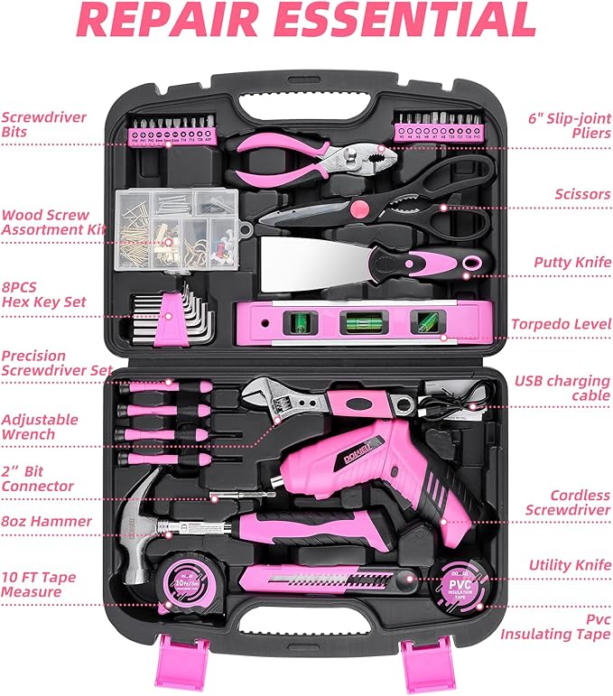 143 Pcs Pink Homeowner Tool Set with 3.6V Cordless Screwdriver General Household Hand Tool Kit with Plastic Tool box Storage Case for Women,Men
