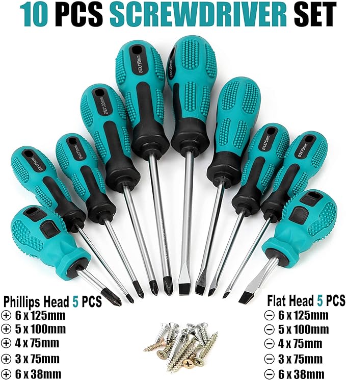 Magnetic Screwdriver Set 10 PCS,5 Phillips and 5 Flat Head Precision Screwdriver,Professional Cushion Grip and Non-Slip for Repair Home Improvement Craft,Green